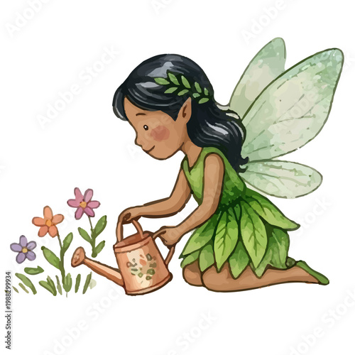 cute little fairy princess with pink wings holding a flower and flying in a magical fairytale world