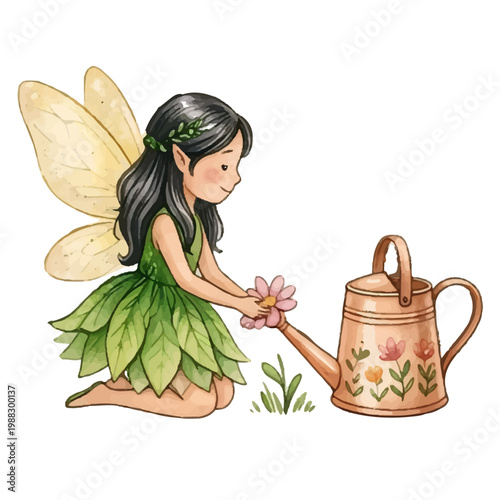 cute little fairy princess with pink wings holding a flower and flying in a magical fairytale world