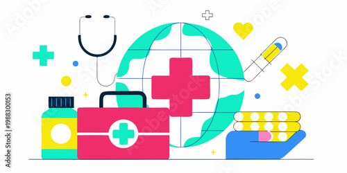 Global healthcare concept with medical symbols and a world map background