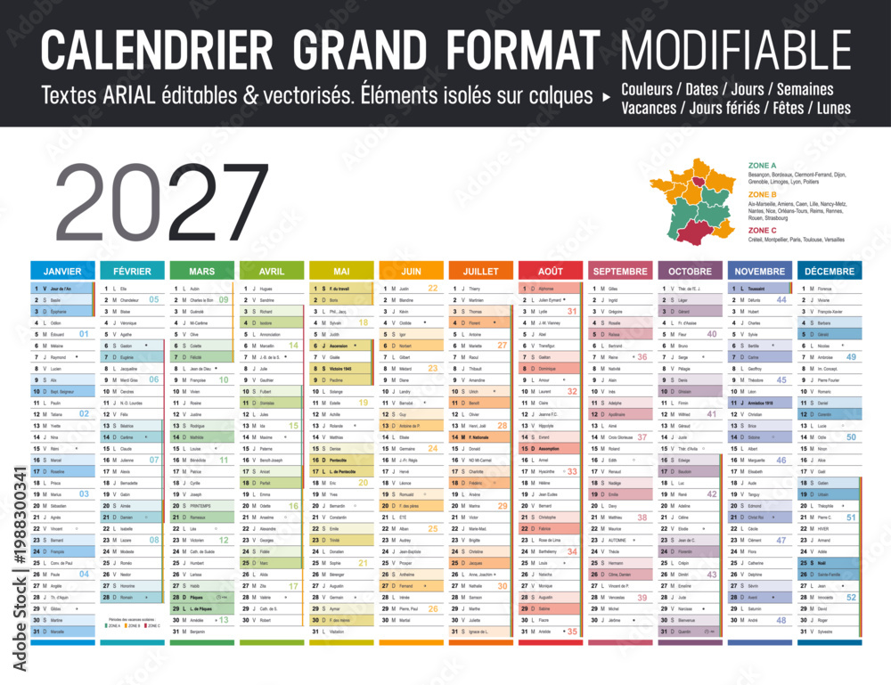 Fototapeta premium Calendrier Français 2027 modifiable vectoriel, grand format France, textes en Arial, éditables et vectorisés. Modèle personnalisable pour bureau.