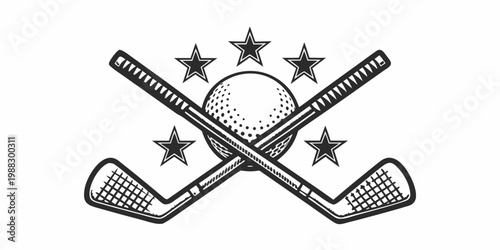 Vintage style illustration of crossed lacrosse sticks ball and stars