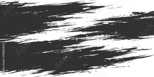 Abstract black grunge brush stroke background with rough horizontal paint texture and distressed pattern on white surface