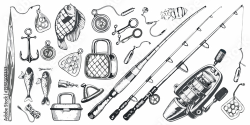 Vintage fishing equipment sketch rods reels hooks and tackle box