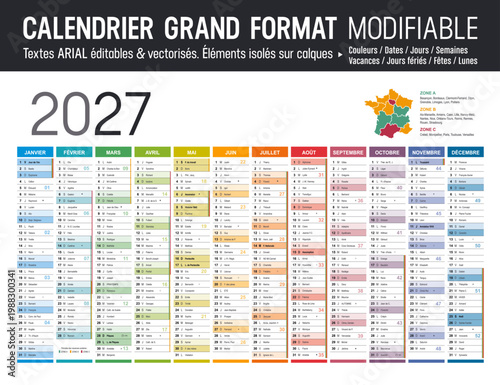 Calendrier Français 2027 modifiable vectoriel, grand format France, textes en Arial, éditables et vectorisés. Modèle personnalisable pour bureau.