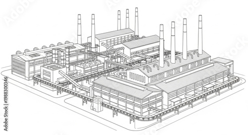 Detailed architectural drawing of a large industrial power plant complex.