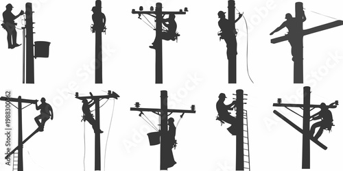 Silhouettes of lineworkers performing maintenance on utility poles and power lines