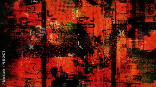 Looping motion video of a grunge textured distortion background with a dominant orange color. 4K quality footage