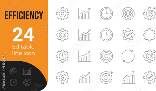 A set of editable line icons representing efficiency and business productivity, ideal for marketing, advertising, and educational materials.