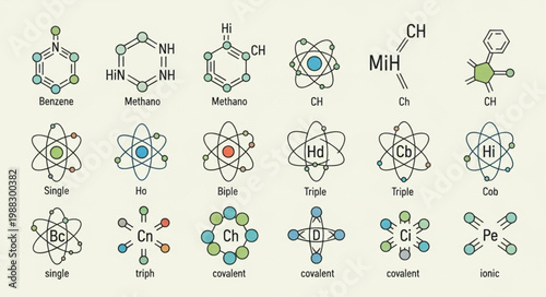 Collection of Chemical Formulas and Atomic Structures.