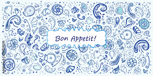 Hand drawn blue doodle pattern with a bon app tit message centerpiece