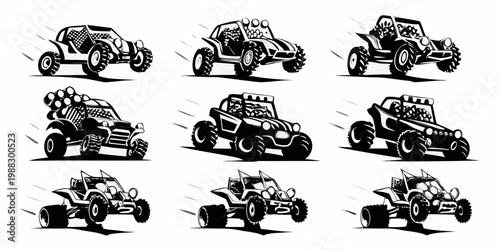 Black and white illustration of multiple off road buggies in various perspectives