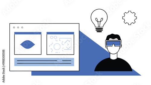 Virtual Reality Concept with Man Wearing VR Headset Exploring Creative Ideas and Technical Solutions in Metaverse abstract concept vector illustrations, black and blue vector art