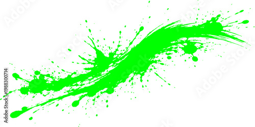 Abstract neon green paint splash swirl background with dynamic ink splatter and bold grunge brush stroke texture isolated on white surface