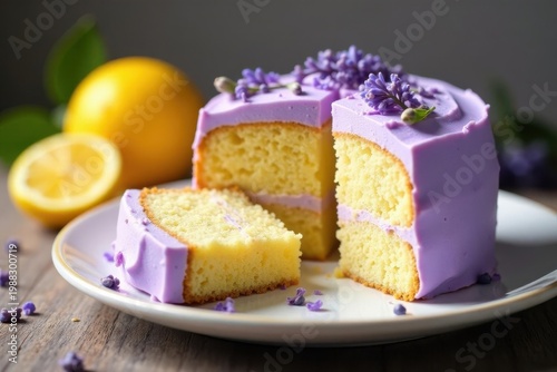 Lemon lavender cake, sliced showing layers & texture, floral, pale