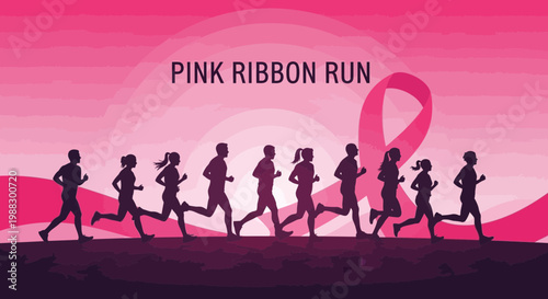Pink Ribbon Run: A Silhouette Group of People Running for Breast Cancer Awareness