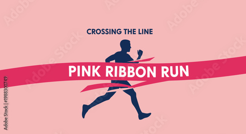 Pink Ribbon Run: A Silhouette Races Across The Finish Line Emblem For Charity