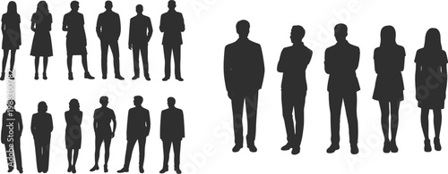 Business people silhouette vector set featuring professional men and women in suits and formal attire standing in various poses for corporate office lifestyle concepts.