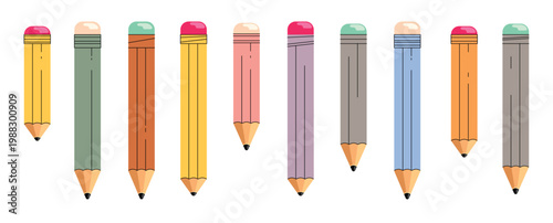 School pencil elements clipart set. Collection of sharpened wooden pencils with colorful erasers school, office, and creative sketching use. Vector illustration
