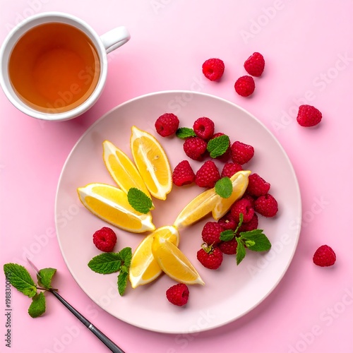 Fresh raspberries and lemon slices on plate.