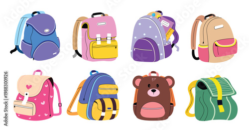 School flat backpack elements clipart set. Colorful school bag elements clip art with cute designs for kids school themes and back to school promotions vector illustration.  
