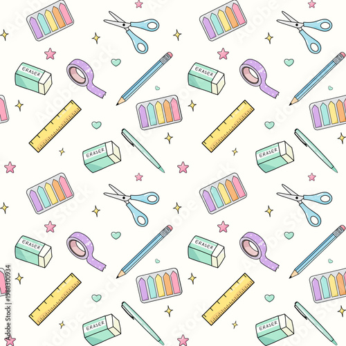Colorful Stationery Seamless Pattern with Pens Pencils and Erasers