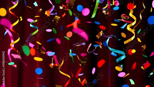 Vibrant confetti and ribbons falling against a dark red background, creating a festive atmosphere.