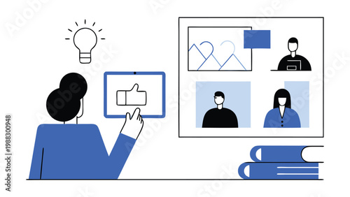 Man conducting a video conference on a tablet with remote team participants on a large screen, concept of remote work, online meeting, virtual collaboration and digital communication