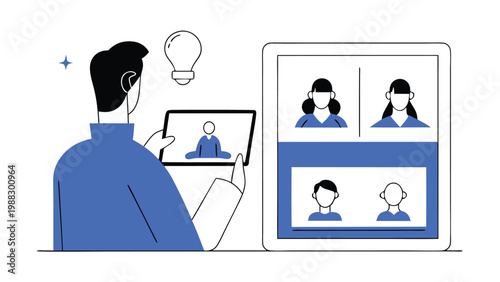 Man conducting a video conference on a tablet with remote team participants on a large screen, concept of remote work, online meeting, virtual collaboration and digital communication