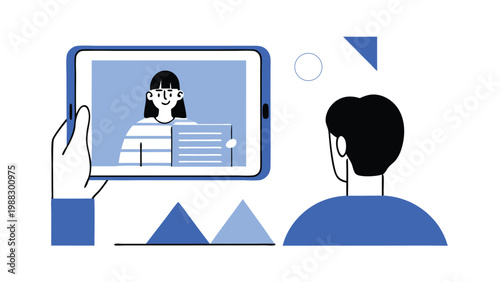 Man conducting a video conference on a tablet with remote team participants on a large screen, concept of remote work, online meeting, virtual collaboration and digital communication