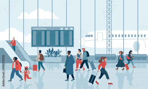 Passengers in airport terminal lounge flat vector illustration
