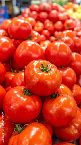 Fresh red tomatoes on display market.