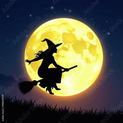 Silhouette of witch on broomstick against a full moon and starry night , supernatural, gothic, dark