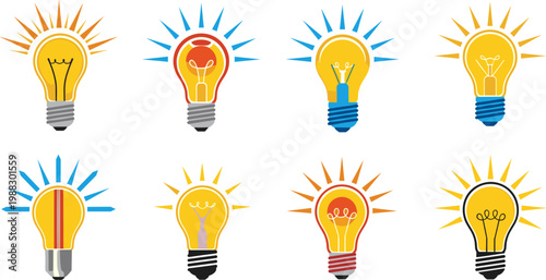 Light Bulb Set with Various Designs and Brightness Effects Flat Vector Illustration