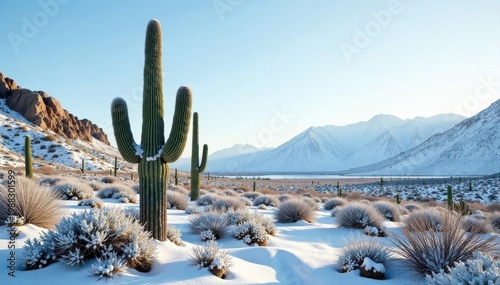 Snow dusted saguaro cacti stand tall in desert , still life, dry, winter wonderland
