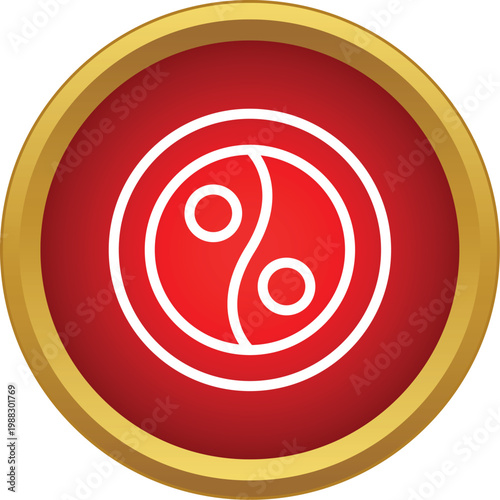 White yin yang symbol in a red circle with a gold border