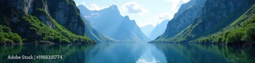 Still fjord, dramatic cliffs, mountain reflection in clear water , image, photography
