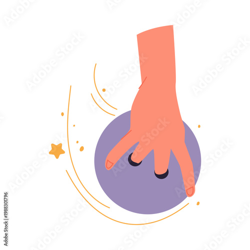 Cartoon hand releasing purple bowling ball with dynamic motion lines isolated vector illustration