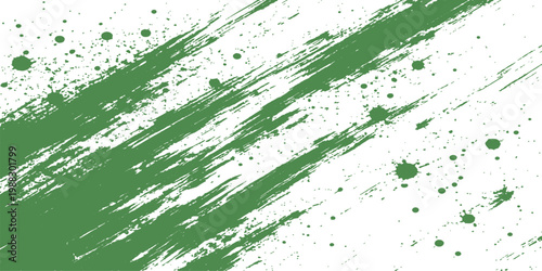 Abstract green paint splatter grunge background with dynamic brush strokes and distressed ink texture on white surface