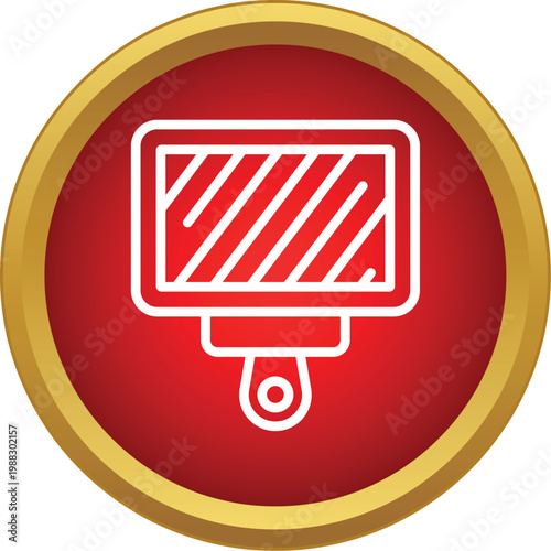 Handheld mirror with diagonal lines depicting reflection on a red circular background