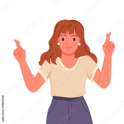Young woman with brown hair crossing fingers on both hands, expressing hope and optimism, casual outfit, positive gesture, isolated on white background vector illustration