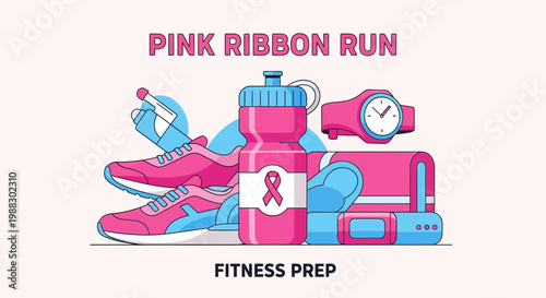 Pink Ribbon Run: Fitness Preparation Gear Depicted in an Illustrated and Modern Composition