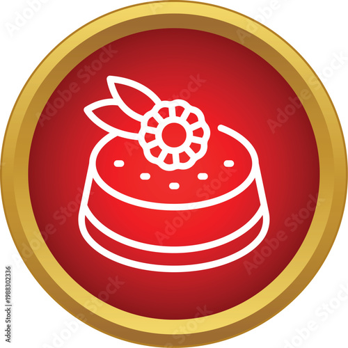 Round red icon with a white line art cake, decorated with a berry and leaves