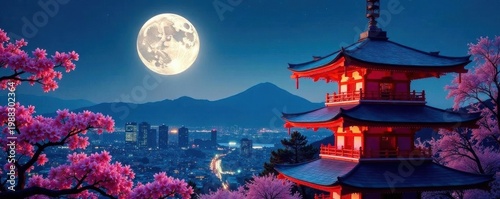 Vibrant red pagoda at night, full moon backdrop, intricate detail, cherry blossoms, Asian calligraphy , oriental, texture, brush stroke