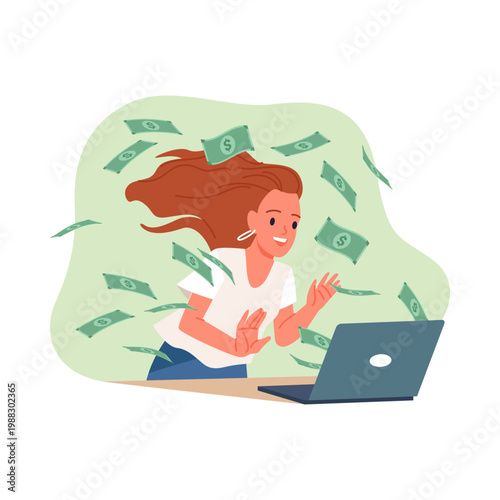 Young woman using laptop with flying dollar bills, representing online income, remote work, and financial success, isolated on white background vector illustration