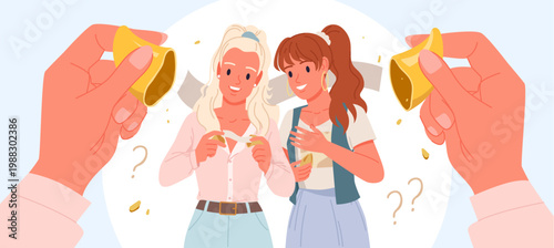 Two young women happily open fortune cookies, reading messages and sharing reactions, surrounded by question marks and cookie pieces, modern flat style vector illustration