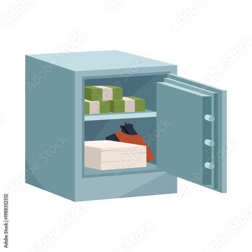 Secure metal safe with open door showing stacks of money, documents, and valuables, ideal for finance, banking, and security concepts, isolated on white background vector illustration