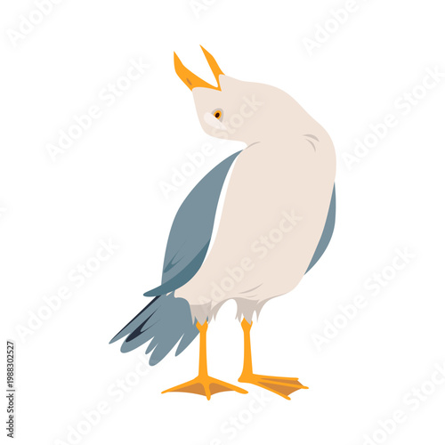 Cartoon seagull with yellow beak and legs isolated on white background vector illustration