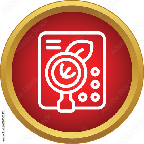 Plant research icon displaying a magnifying glass examining a leaf on a red background