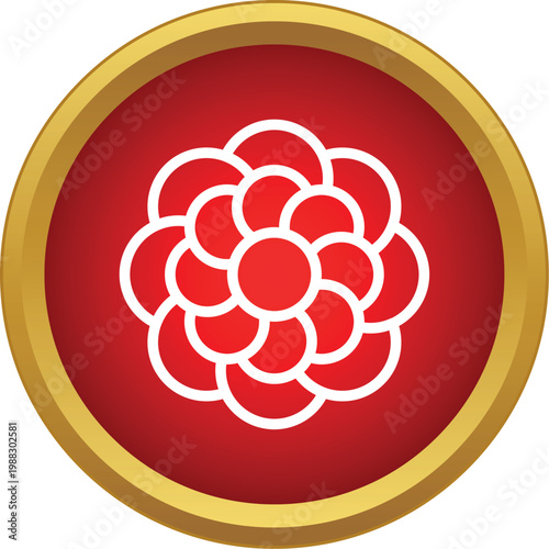 Stylized floral design inside a round red button with a gold frame