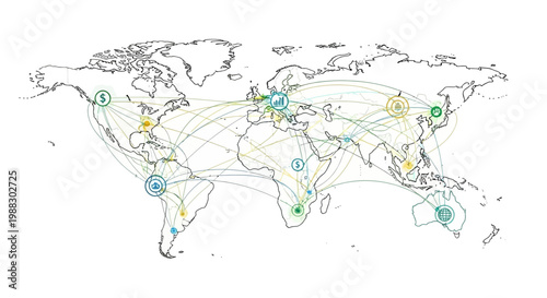 Global Network Connections: World Map with Interconnected Lines and Nodes